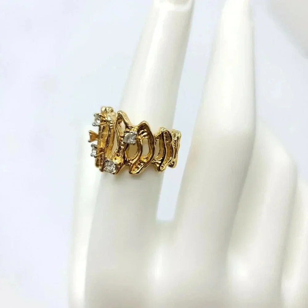 Clear Glass Rhinestone 18KT HGE Gold Electroplate NOS Vintage Ring Size 7